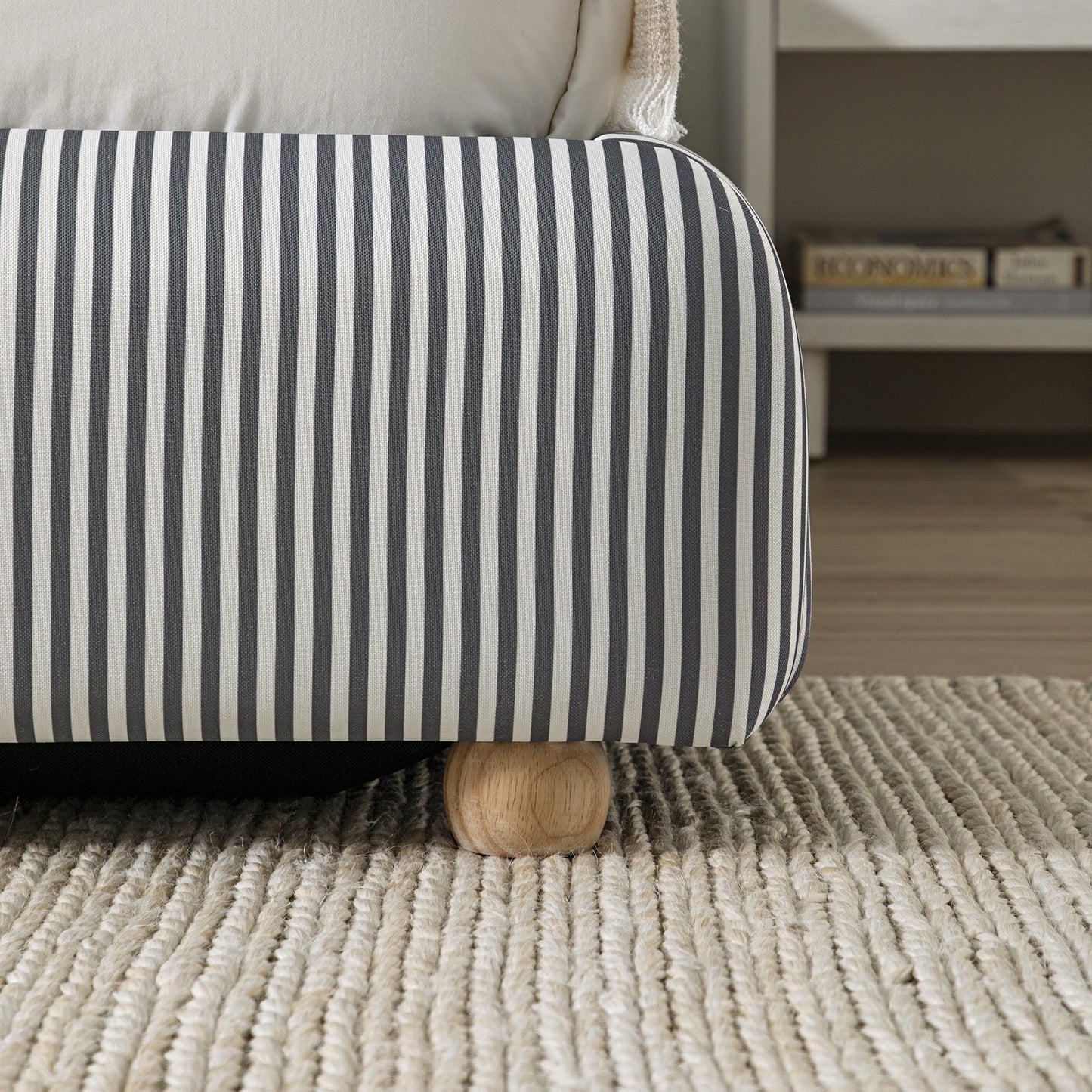 Egerie Curved Headboard Slate Blue Striped Fabric Ottoman Bed with Storage