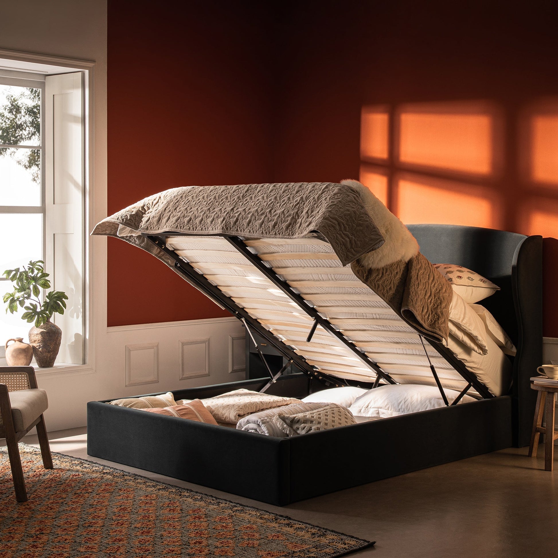 Kimberly Winged Upholstered Bed with Storage, Aegean Blue Velvet