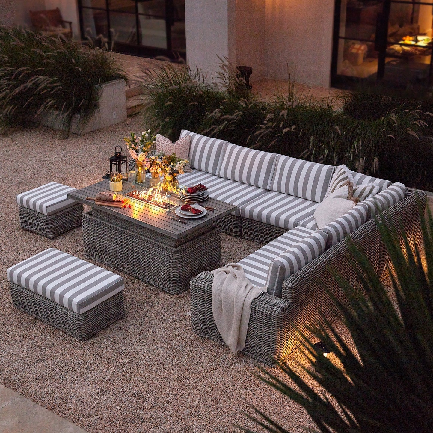 Bellagio Round Wicker Large Corner Casual Dining Set with Rising Firepit Table, Light Grey with Taupe Stripes