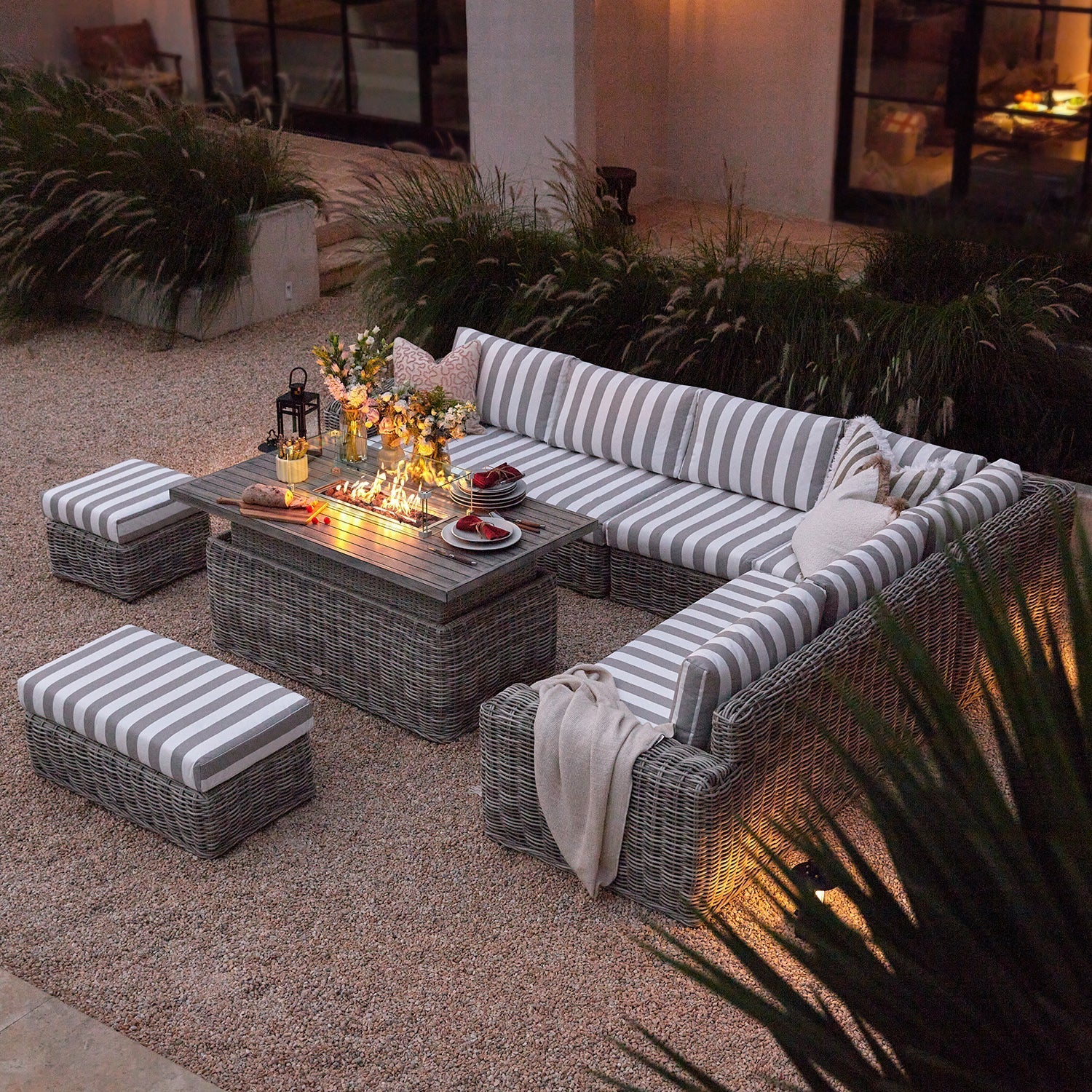 Bellagio Round Wicker Large Corner Casual Dining Set with Rising Firepit Table, Light Grey with Taupe Stripes