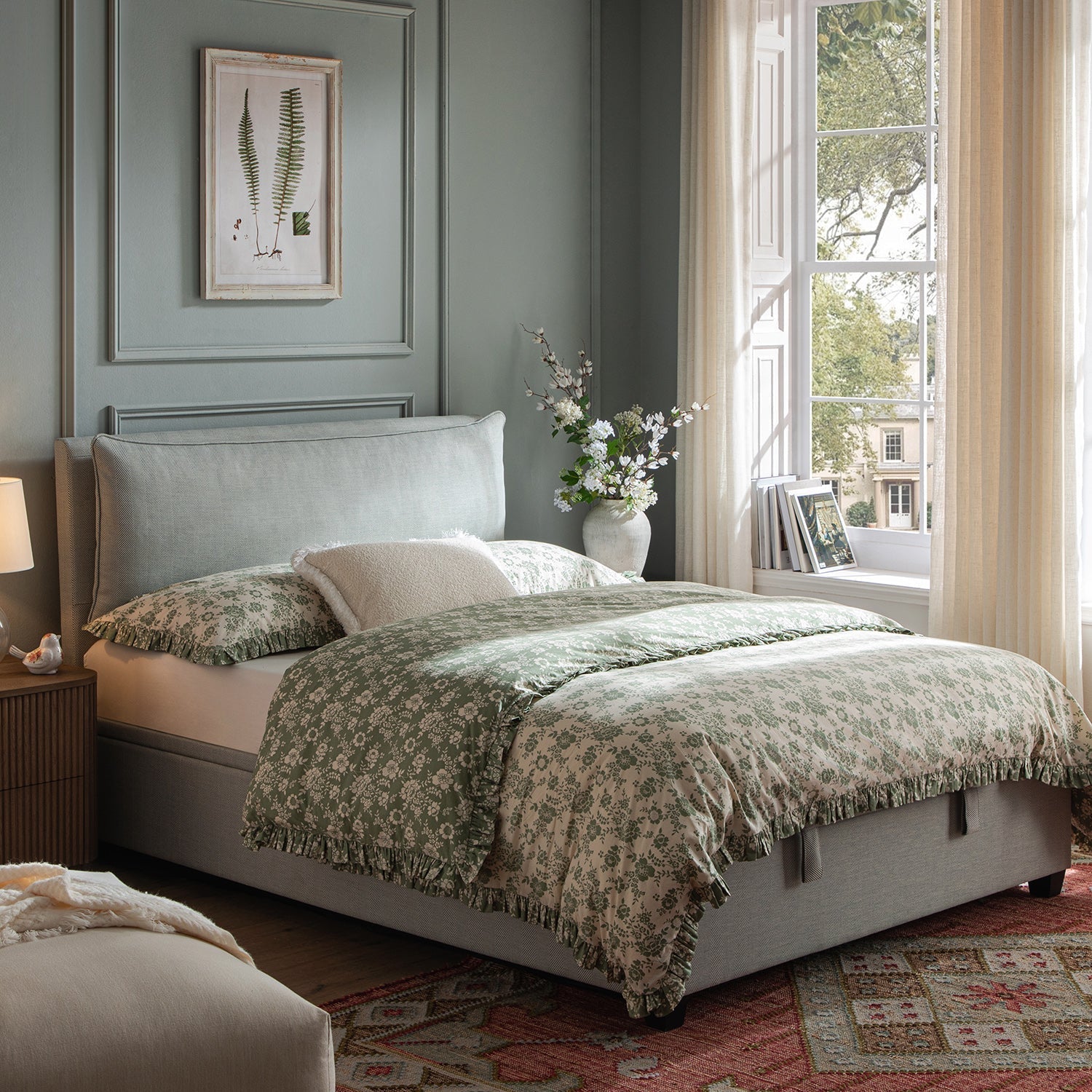 Kricia Upholstered Bed with Storage with Pillow Headboard, Slate Blue Chevron