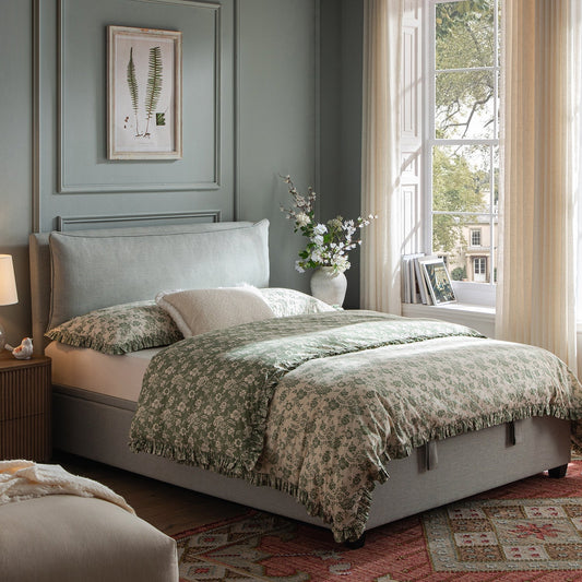 Kricia Upholstered Bed with Storage with Pillow Headboard, Slate Blue Chevron