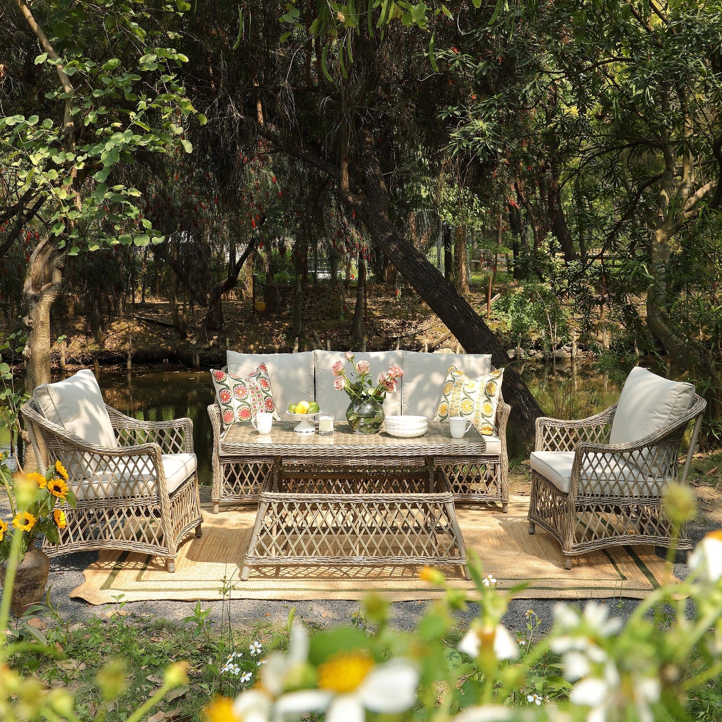 Willowbrook Lattice Weave Rattan 5-Seater Outdoor Sofa Set with Rising Table, Natural