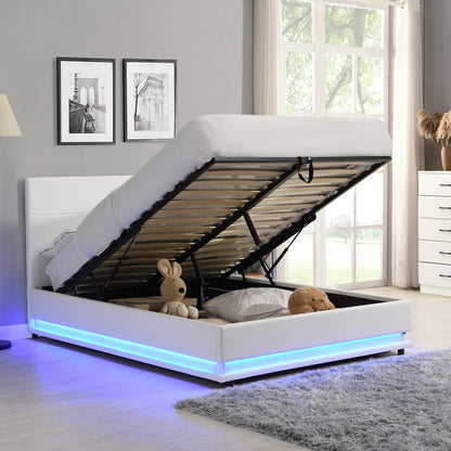 Buxton Faux Leather End Opening Ottoman Bed with Storage Frame with Muti-colour LED Light Strip (White PU)