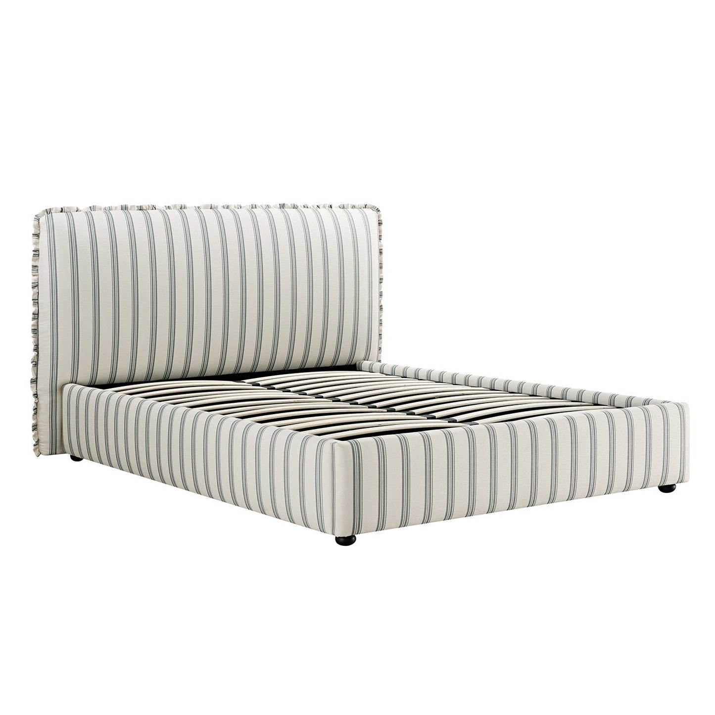 Celeste Upholstered Bed with Storage with Ruffled Headboard, Laurel Green Stripe