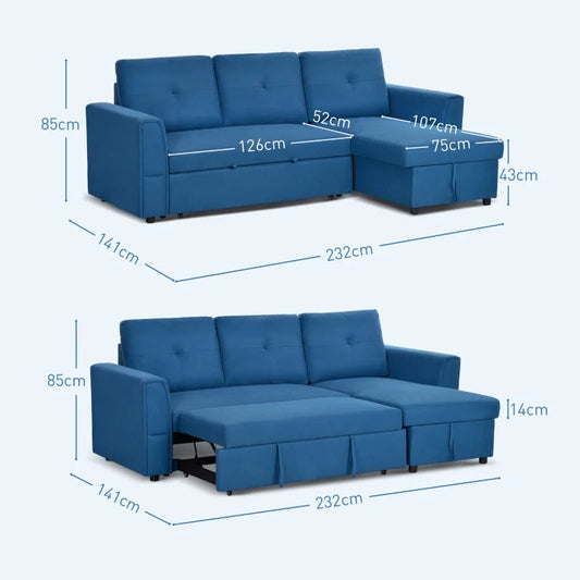 4-Seater Fabric Sofa Bed with Storage – Cobalt Blue for Living Room