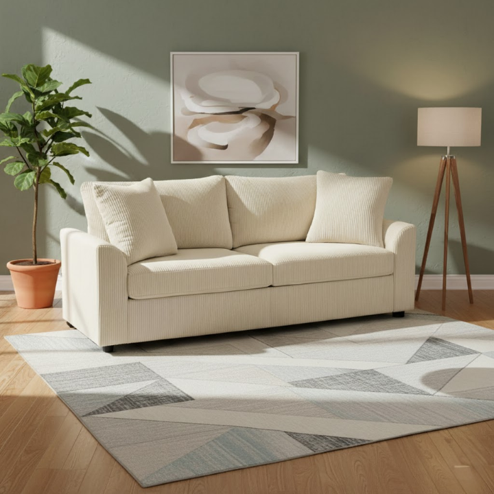 Cream White 3-Seater Jumbo Cord Sofa, 212 cm with Spring Cushions and 2 Scatter Cushions – Fabric Upholstered Settee for Home or Office