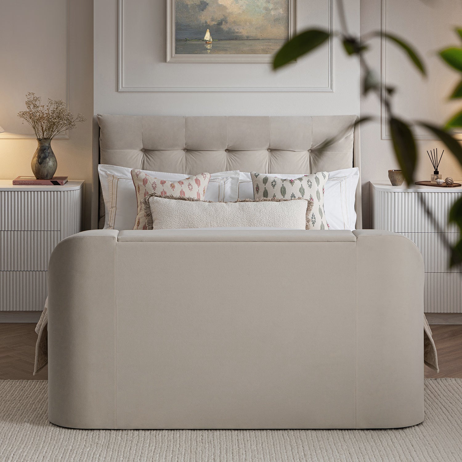 Hadley Champagne Velvet TV Bed with Ottoman Storage