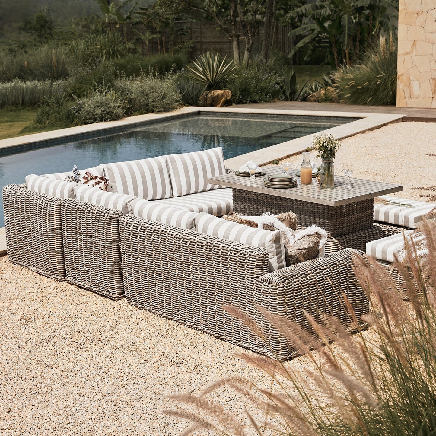 Bellagio Round Wicker Large Corner Casual Dining Set with Rising Table, Light Grey with Taupe Stripes
