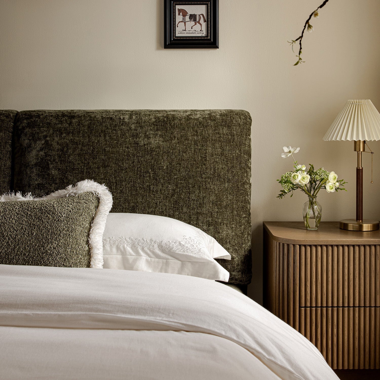 Thera Pillow Headboard Upholstered Bed, Moss Green Chenille