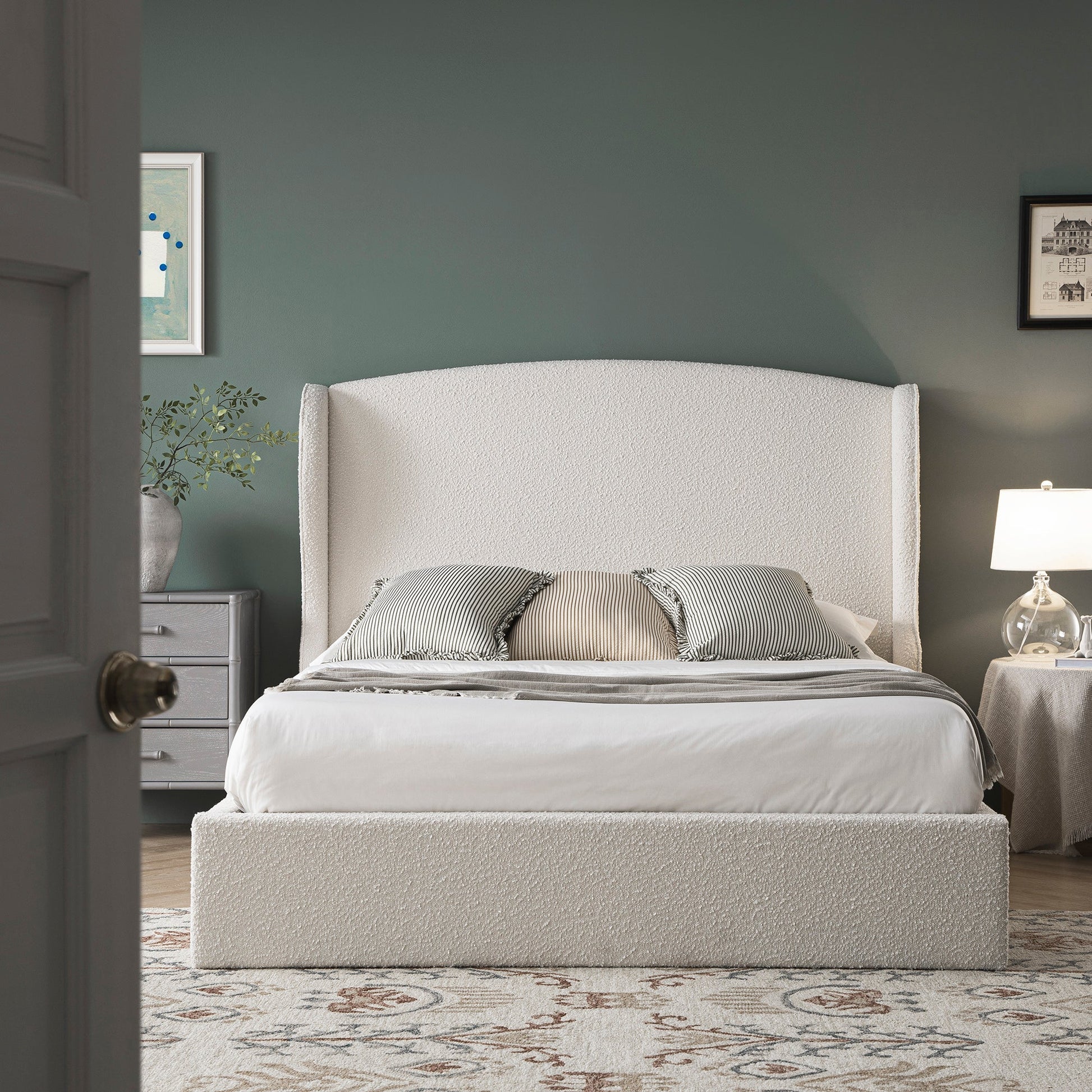 Kimberly Winged Upholstered Bed with Storage, Ecru Boucle