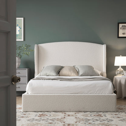 Kimberly Winged Upholstered Bed with Storage, Ecru Boucle