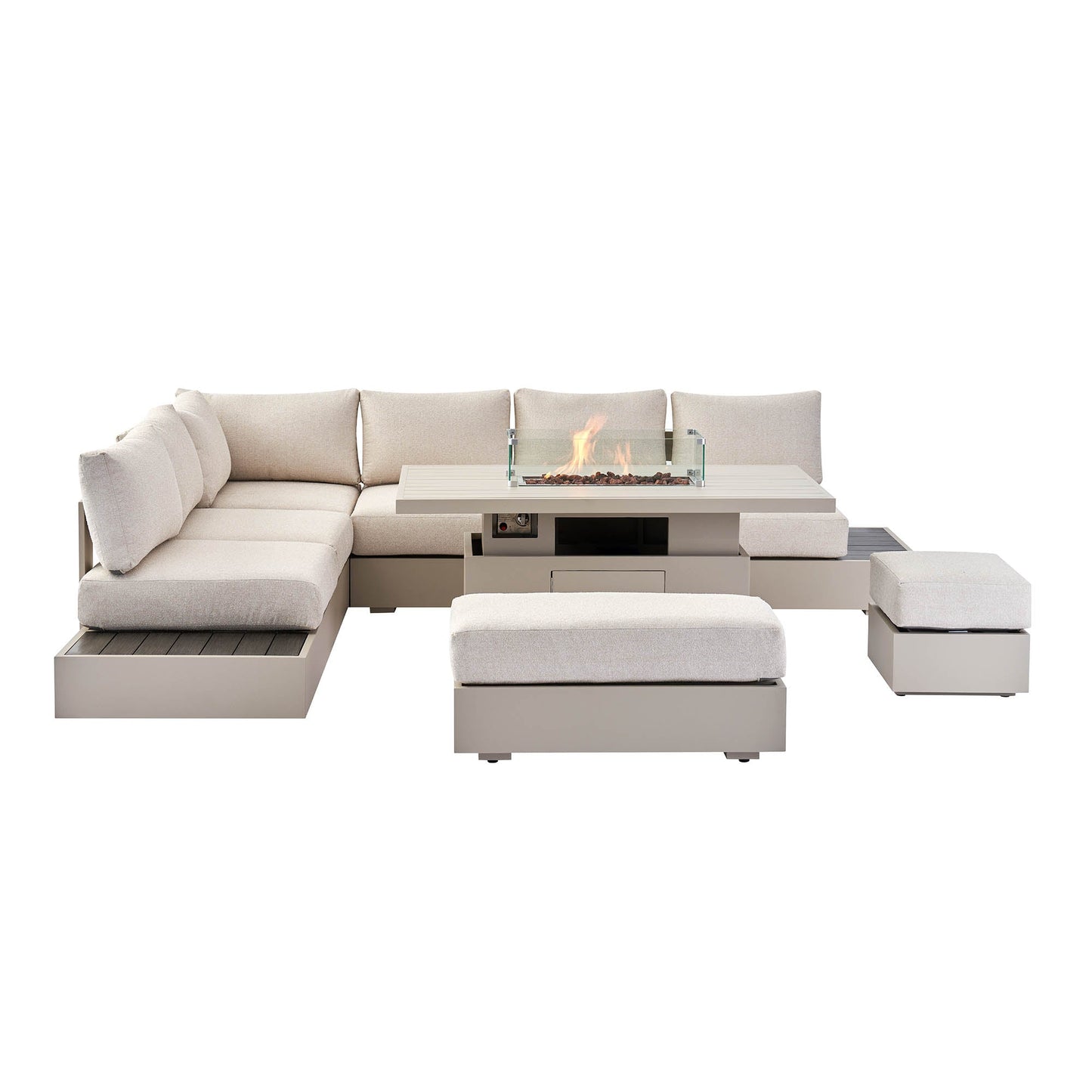 Jardin Aluminium Large Corner Casual Garden Dining Set with Rising Firepit Table, Pumice