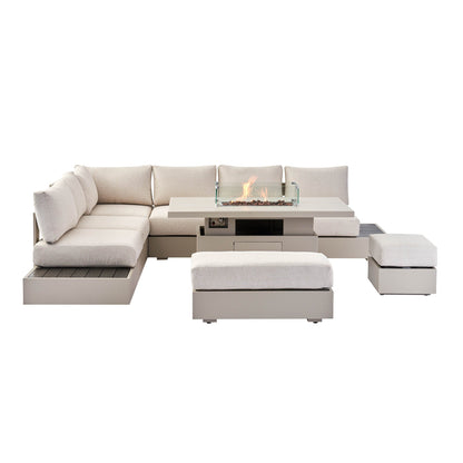 Jardin Aluminium Large Corner Casual Garden Dining Set with Rising Firepit Table, Pumice