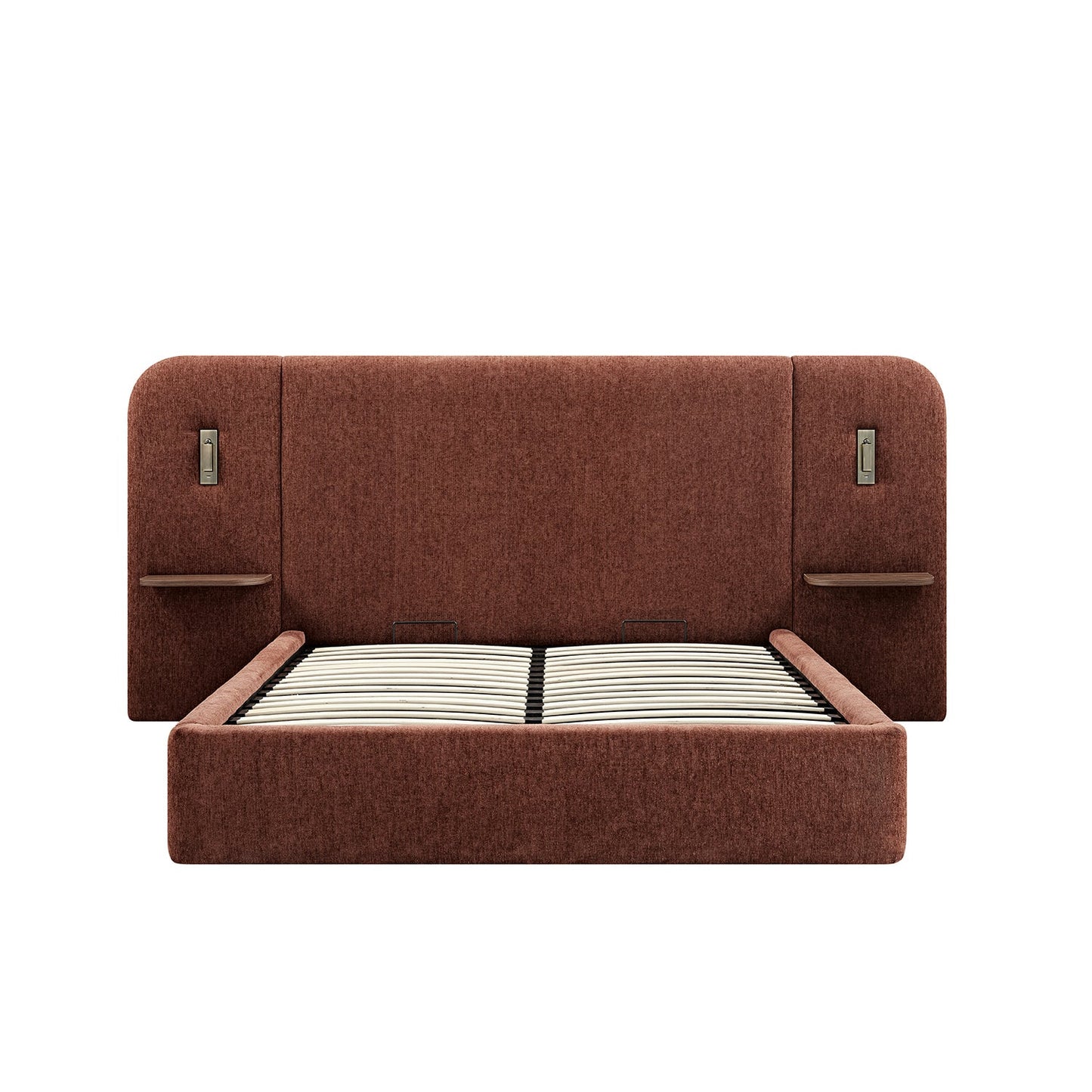 Della Extended Headboard Bed with Storage, Burnt Brick Chenille