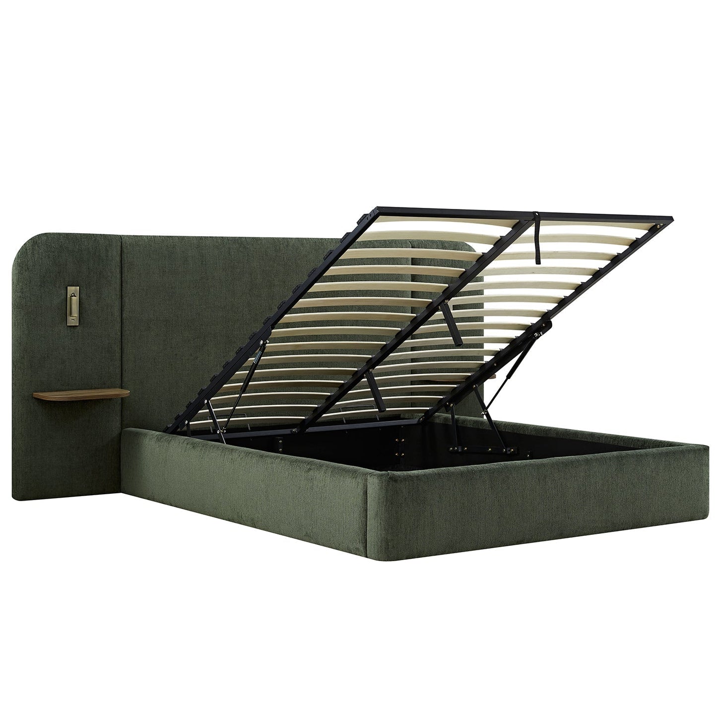 Della Extended Headboard Bed with Storage, Moss Green Chenille