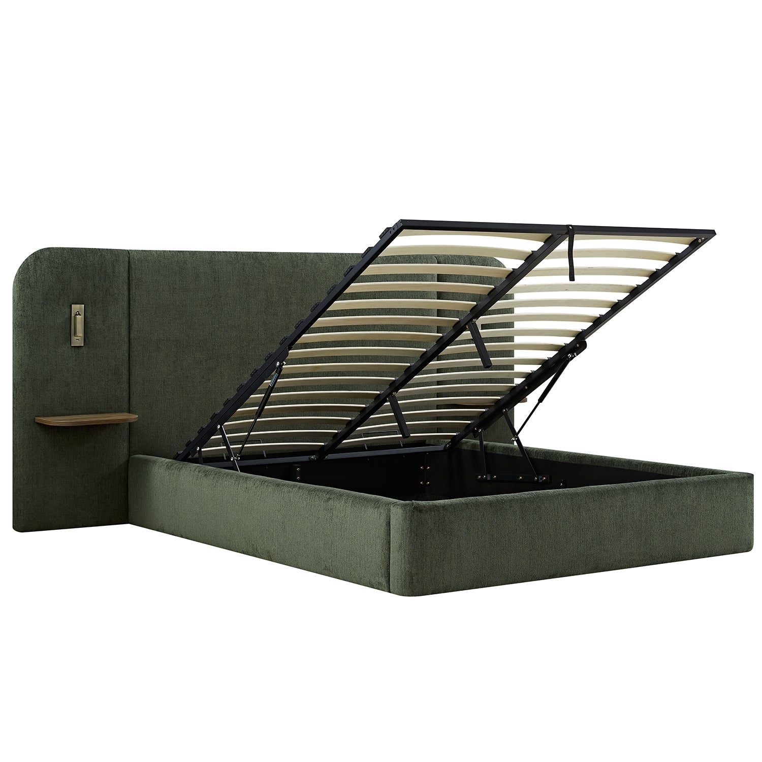 Della Extended Headboard Bed with Storage, Moss Green Chenille