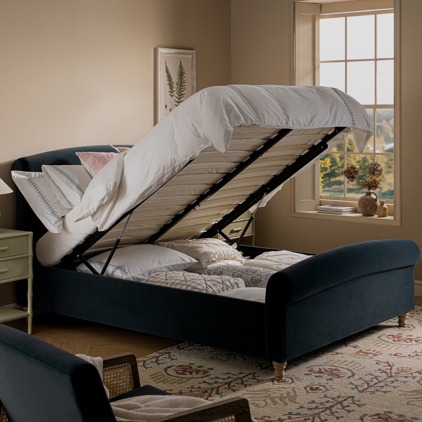 Porchester Ottoman Bed with Storage, Sleigh, Aegean Blue Velvet