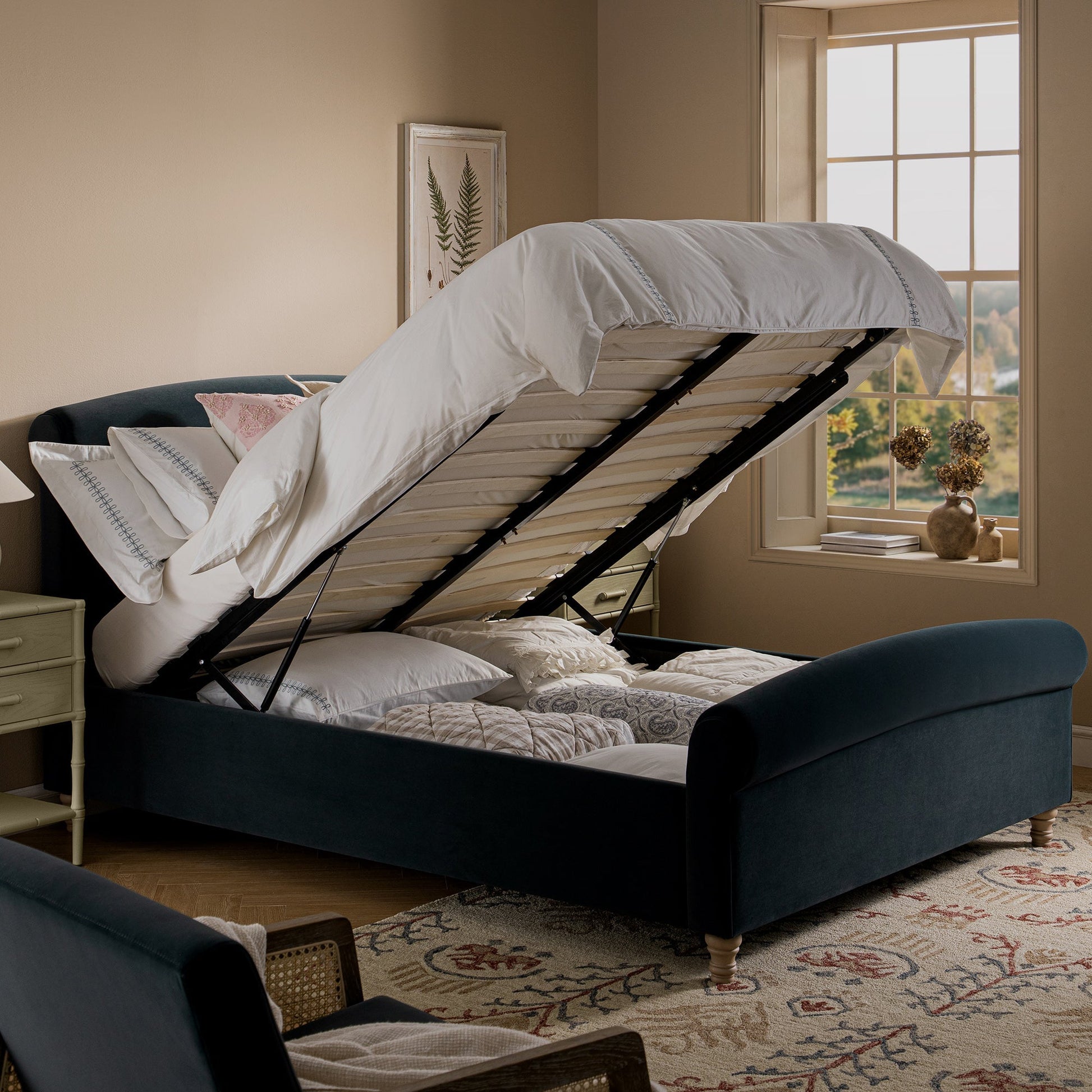 Porchester Ottoman Bed with Storage, Sleigh, Aegean Blue Velvet