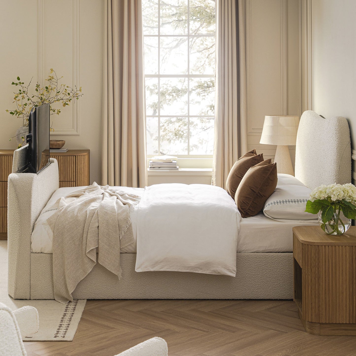 Egerie Curved Headboard Beige Boucle TV Bed with Ottoman Storage