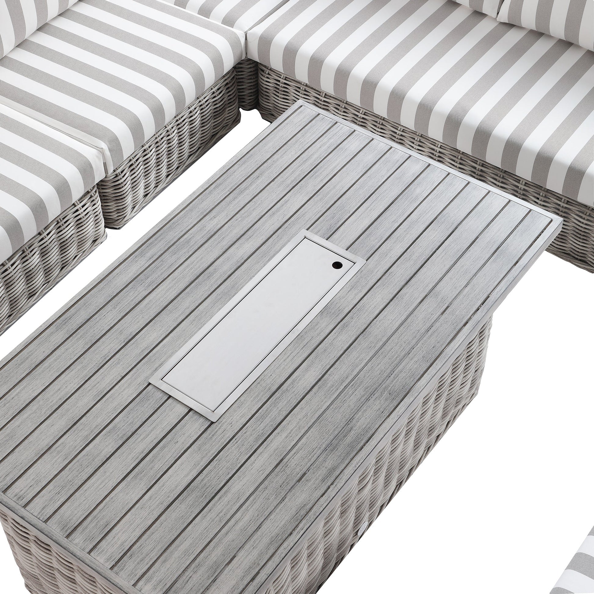 Bellagio Round Wicker Large Corner Casual Dining Set with Rising Firepit Table, Light Grey with Taupe Stripes