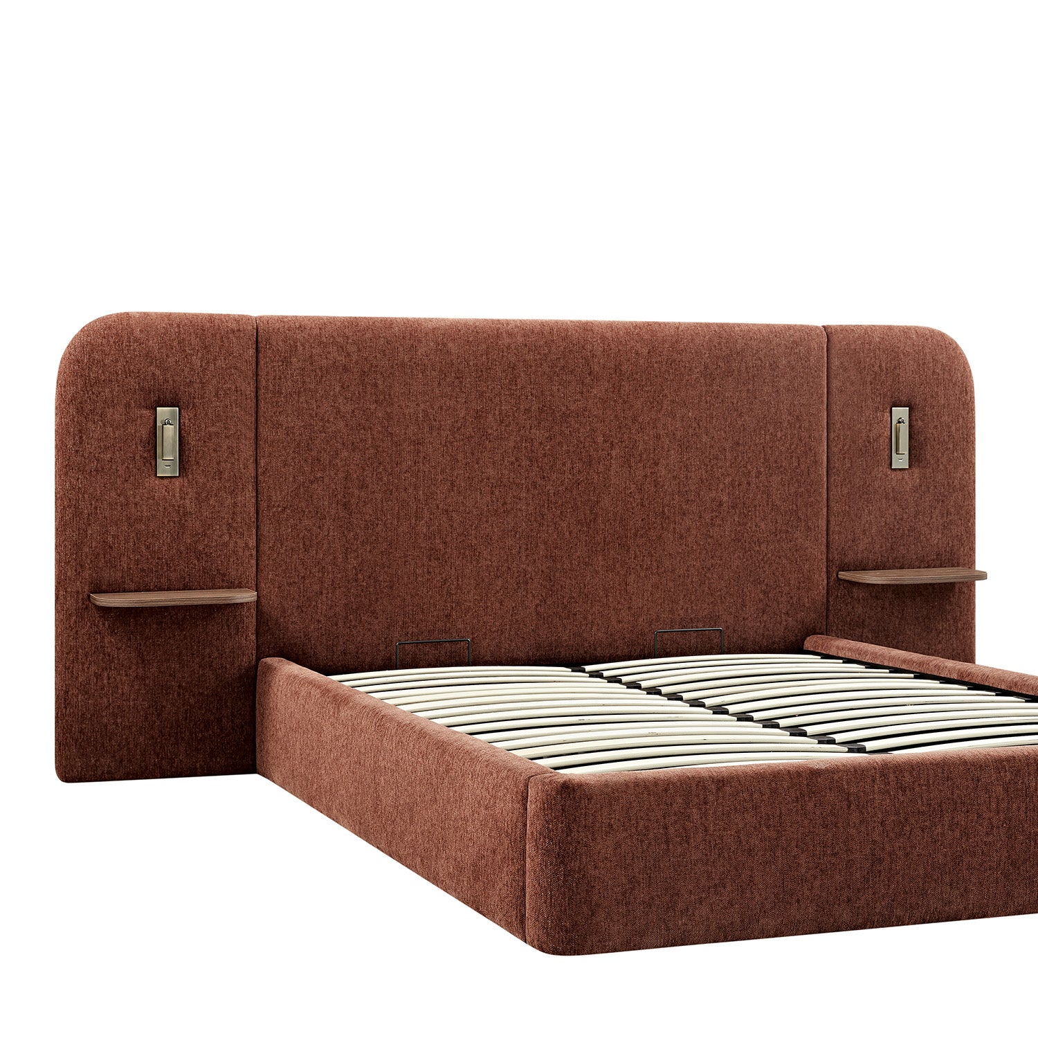 Della Extended Headboard Bed with Storage, Burnt Brick Chenille