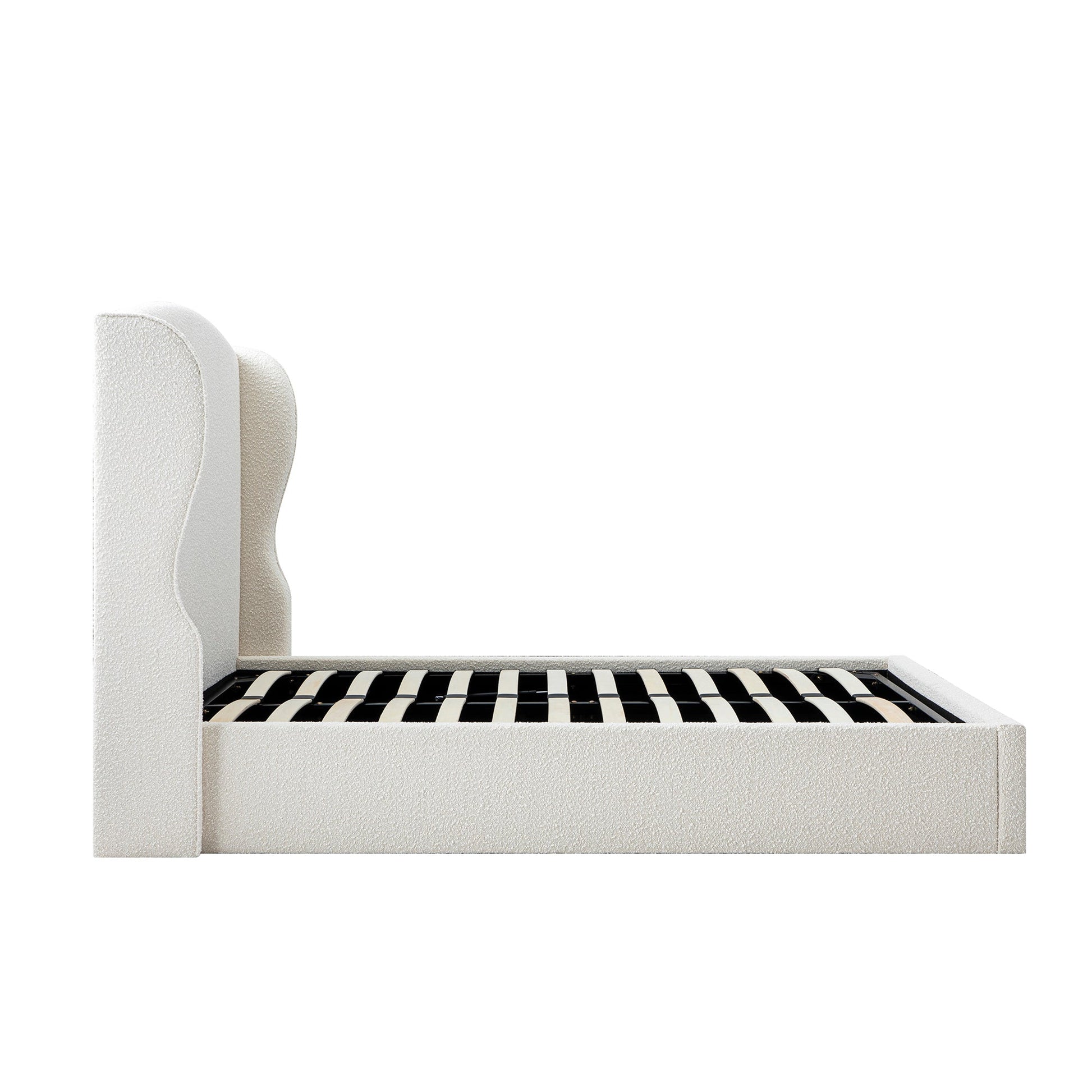 Kimberly Winged Upholstered Bed with Storage, Ecru Boucle