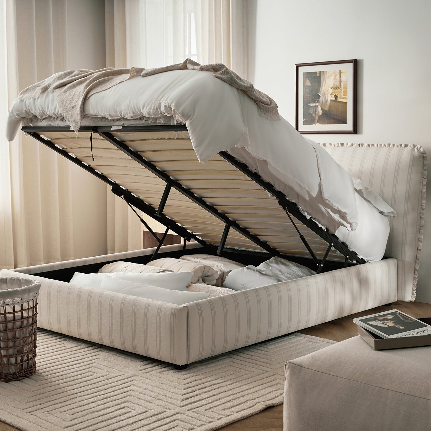 Celeste Upholstered Bed with Storage with Ruffled Headboard, Seashell Stripe