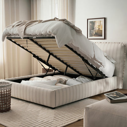 Celeste Upholstered Bed with Storage with Ruffled Headboard, Seashell Stripe