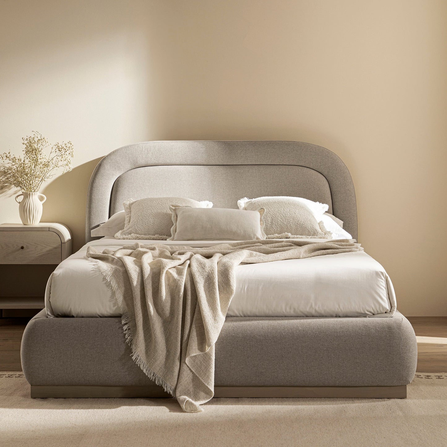 Luella Upholstered Wooden Plinth Base Bed with Storage, Sand Fabric