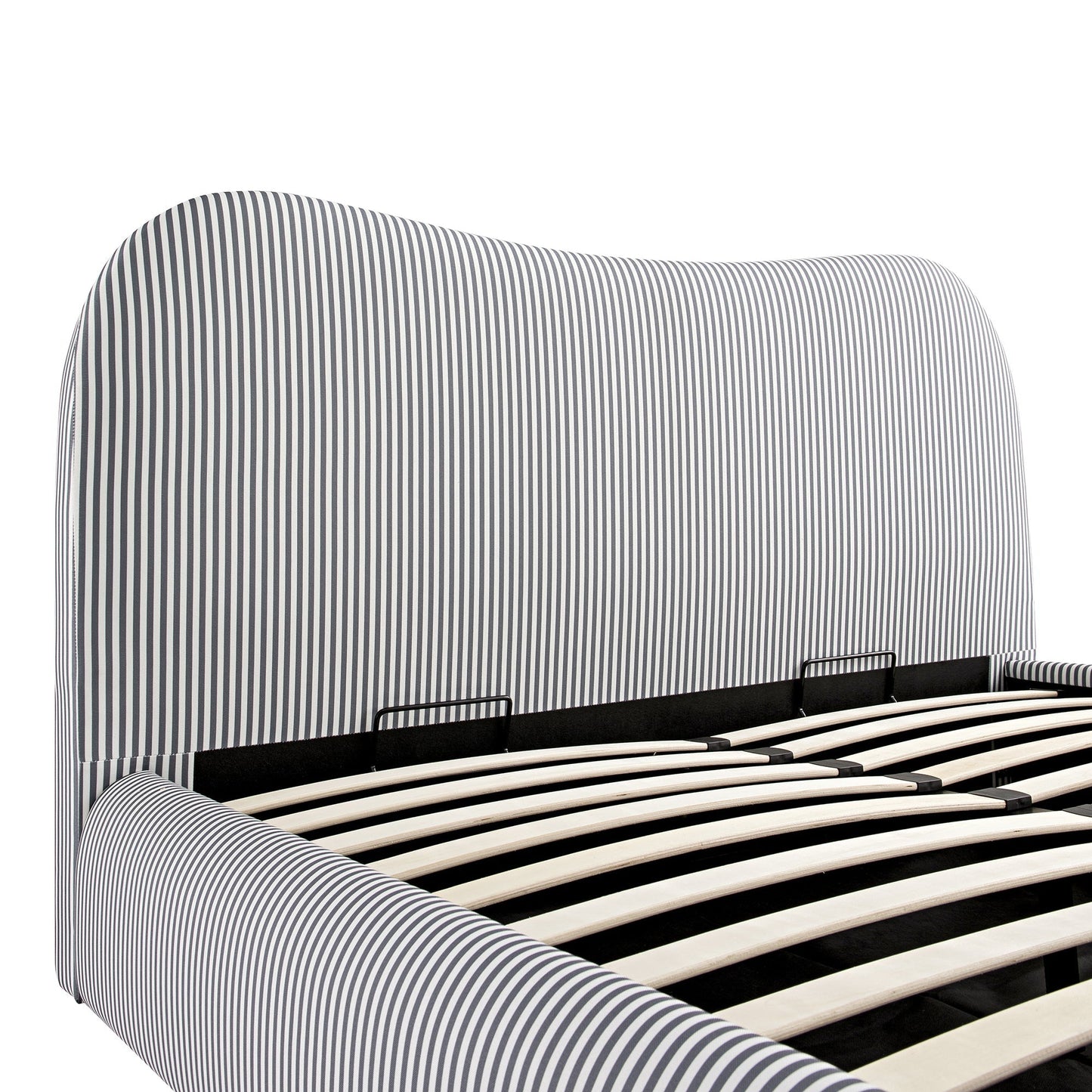 Egerie Curved Headboard Slate Blue Striped Fabric Ottoman Bed with Storage