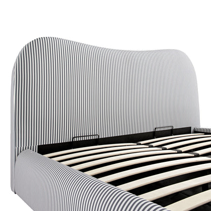 Egerie Curved Headboard Slate Blue Striped Fabric Ottoman Bed with Storage