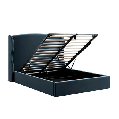 Kimberly Winged Upholstered Bed with Storage, Aegean Blue Velvet
