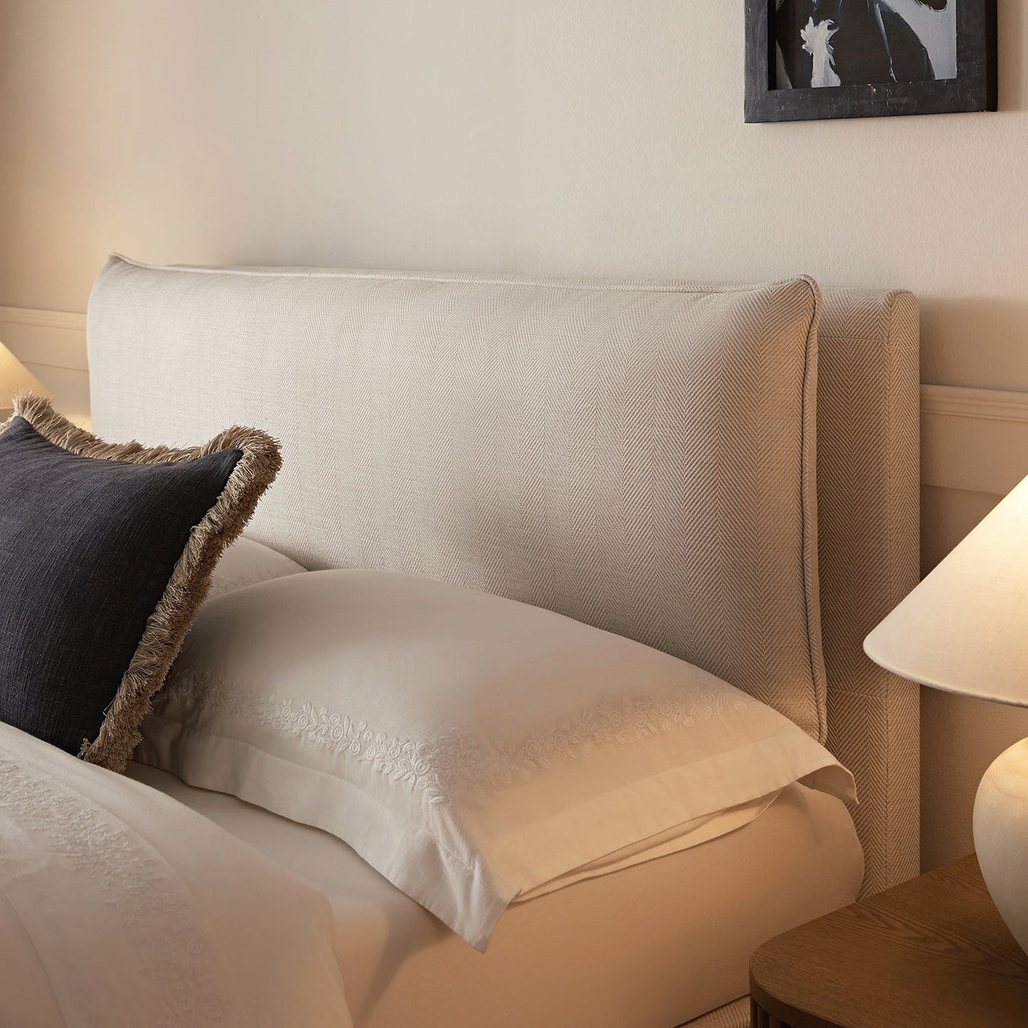 Kricia Upholstered Bed with Storage with Pillow Headboard, Oatmeal Chevron
