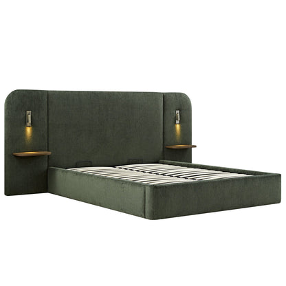 Della Extended Headboard Bed with Storage, Moss Green Chenille