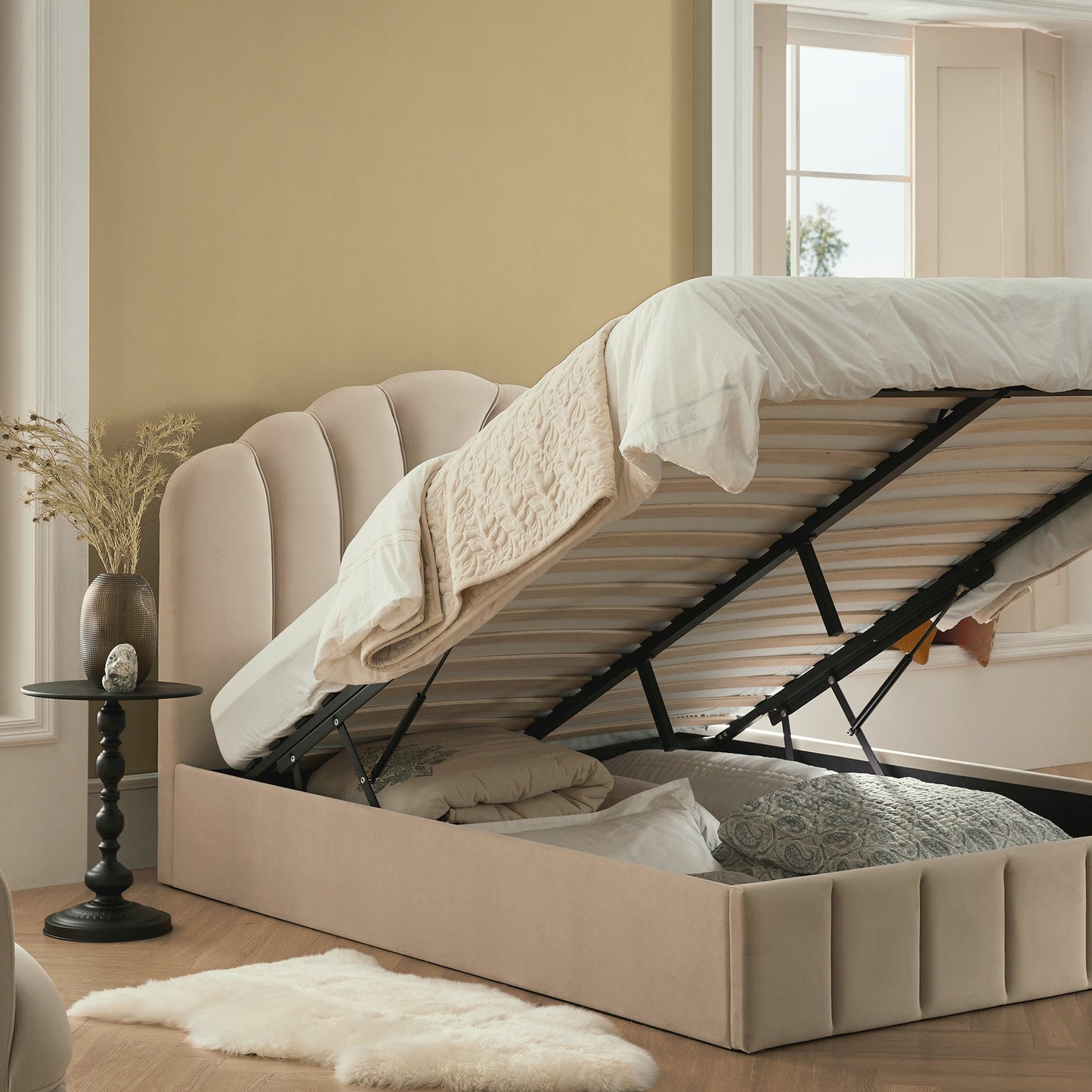 Hana Ottoman Bed with Storage, Warm Stone Velvet