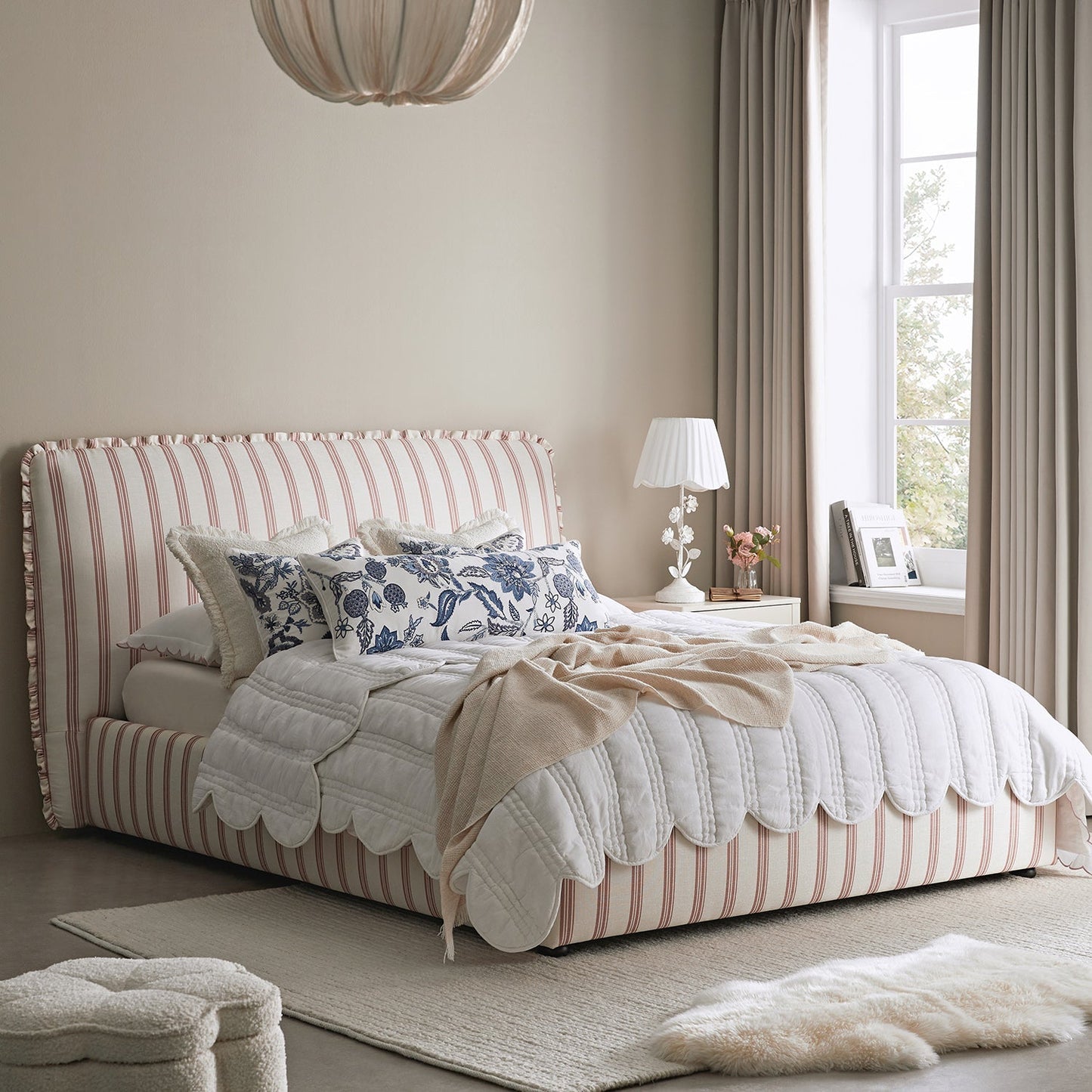 Celeste Upholstered Bed with Storage with Ruffled Headboard, Peony Red Stripe