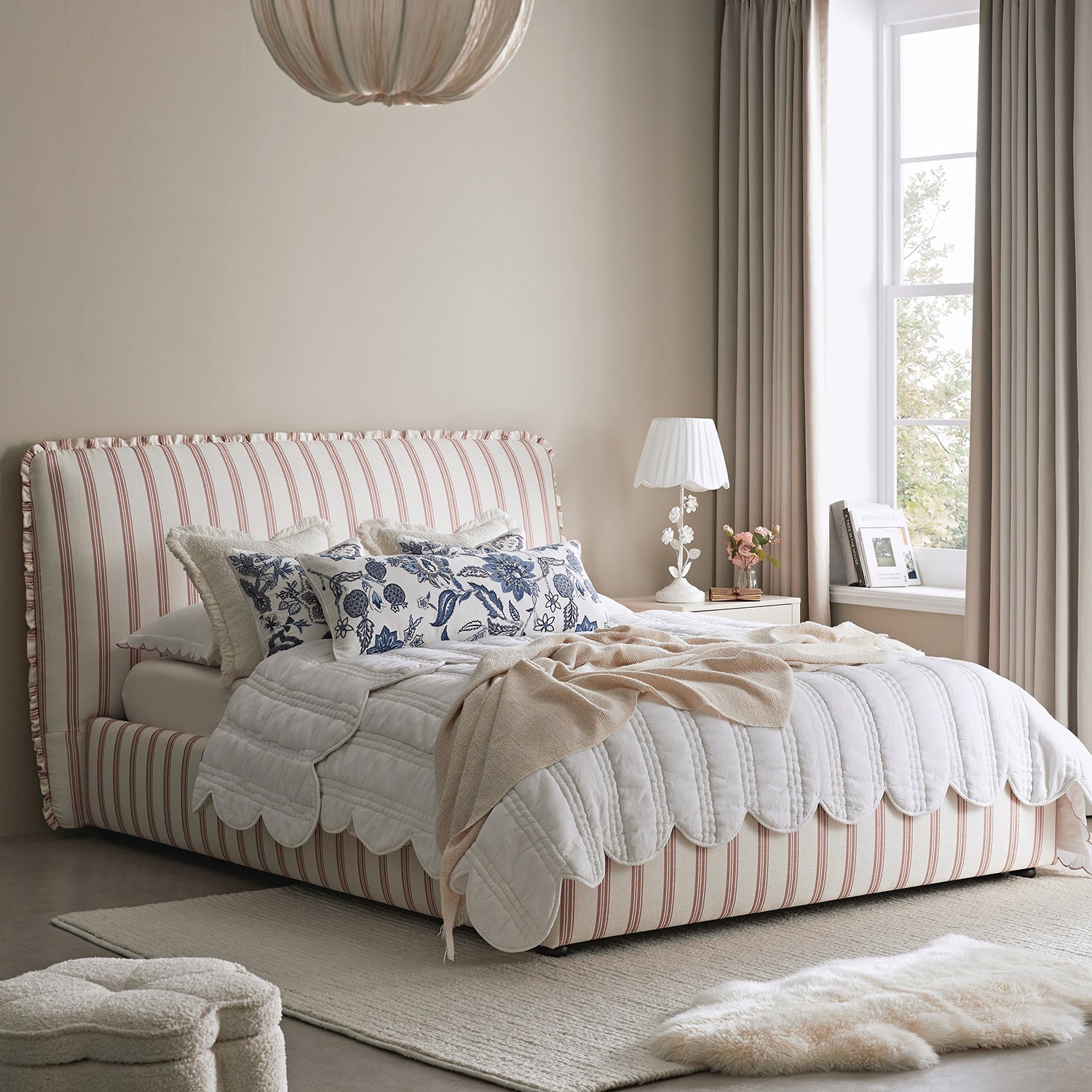 Celeste Upholstered Bed with Storage with Ruffled Headboard, Peony Red Stripe
