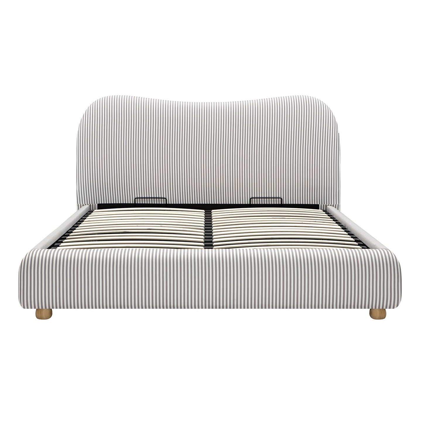 Egerie Curved Headboard Light Taupe Striped Fabric Ottoman Bed with Storage