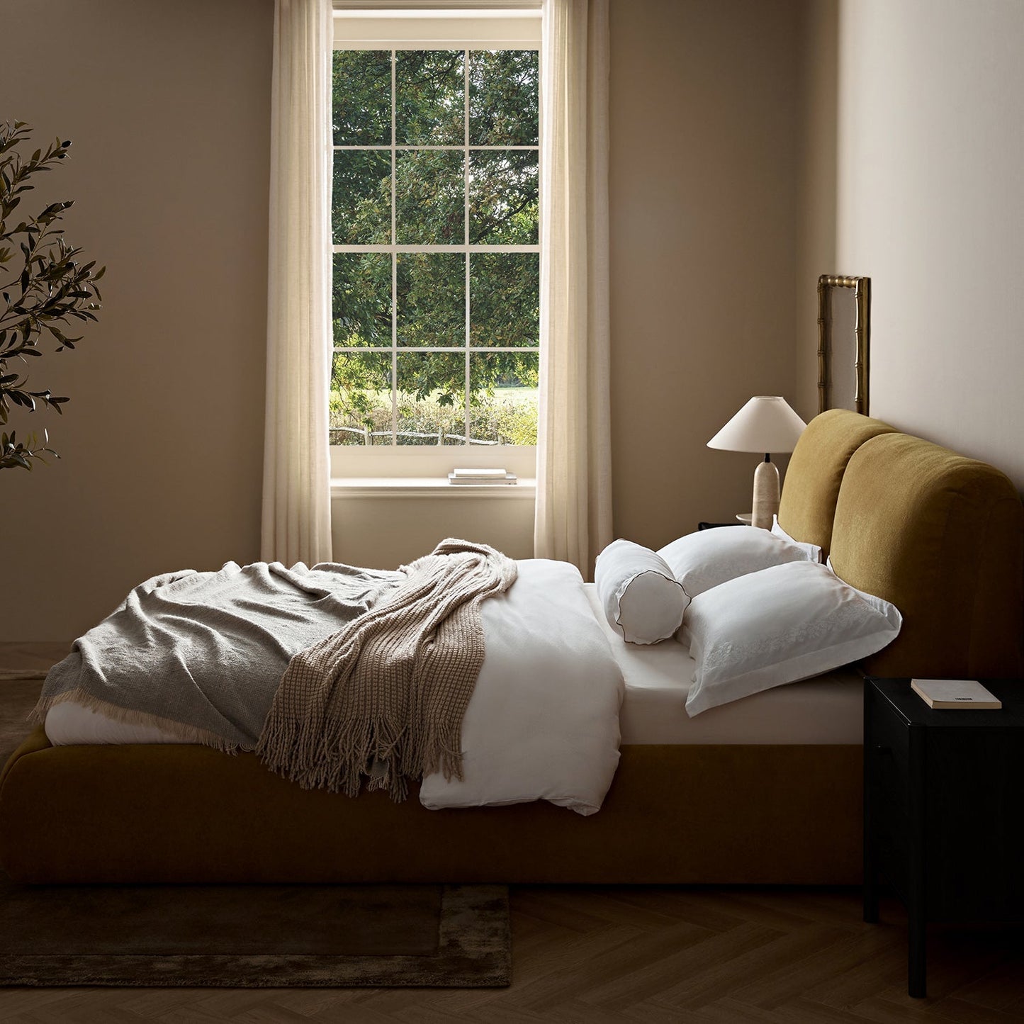 Thera Pillow Headboard Upholstered Bed, Burnt Ochre Chenille