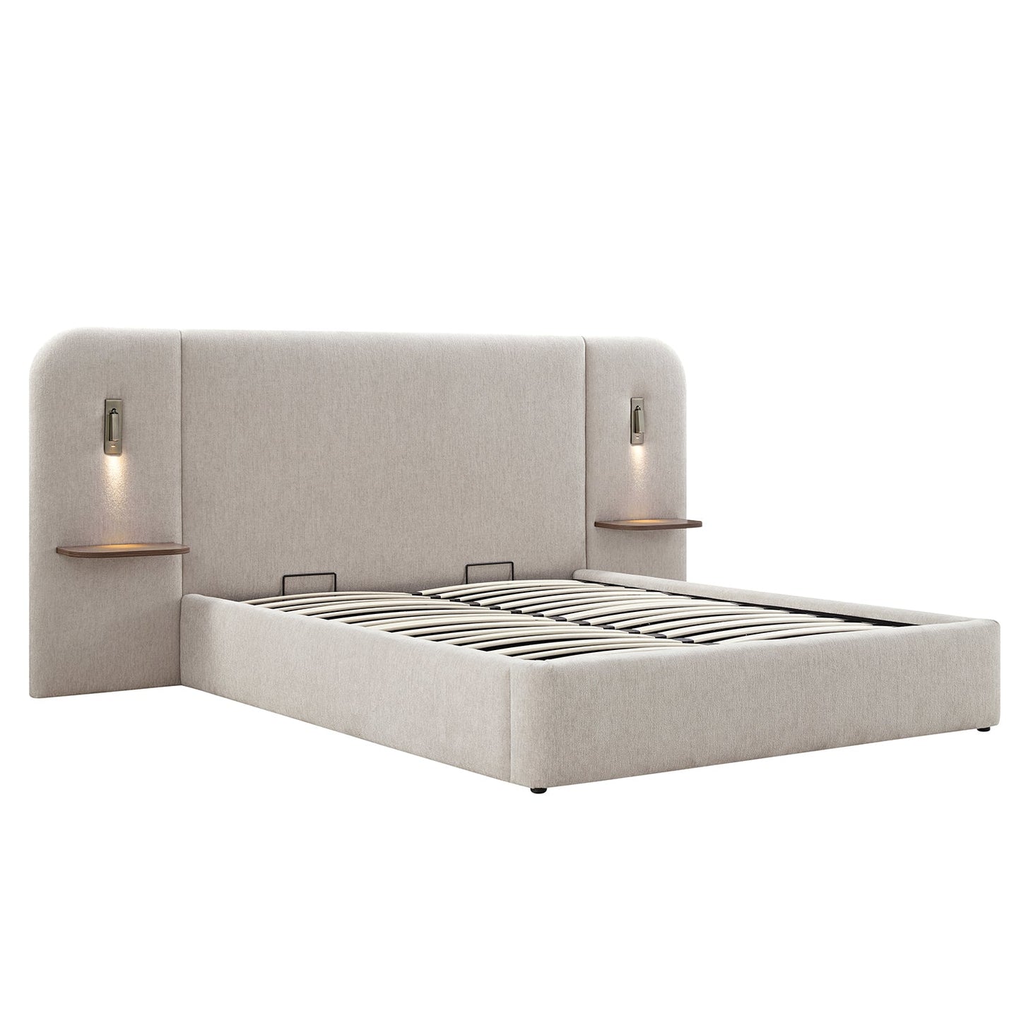 Della Extended Headboard Bed with Storage, Soft Beige Chenille