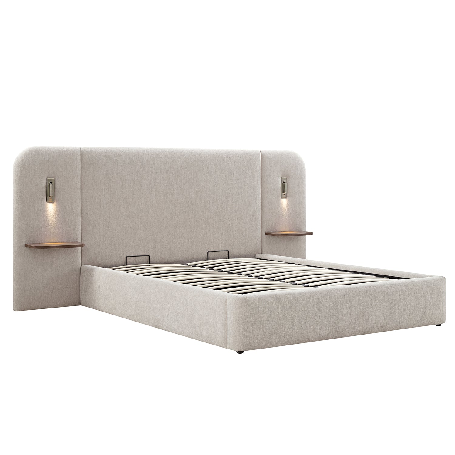 Della Extended Headboard Bed with Storage, Soft Beige Chenille