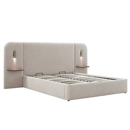 Della Extended Headboard Bed with Storage, Soft Beige Chenille