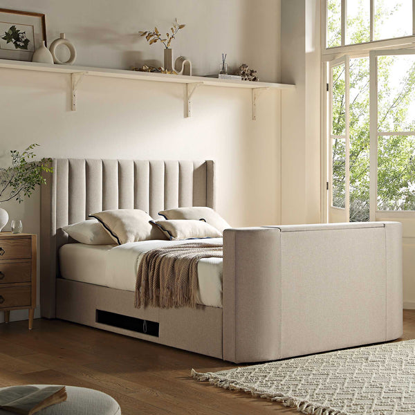 Wilton Warm Stone Fabric TV Bed with Ottoman Storage