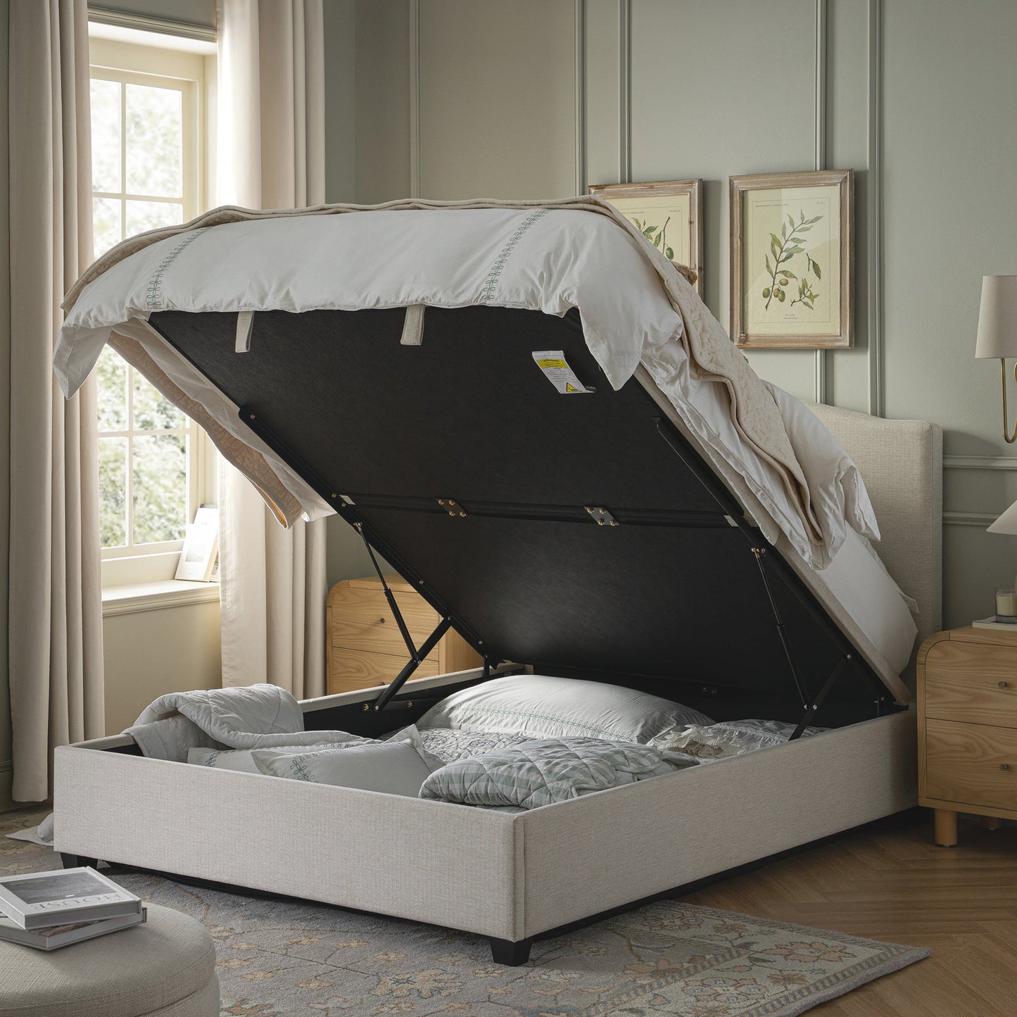 Chilworth Upholstered Ottoman Bed with Storage, Ivory Weave Fabric