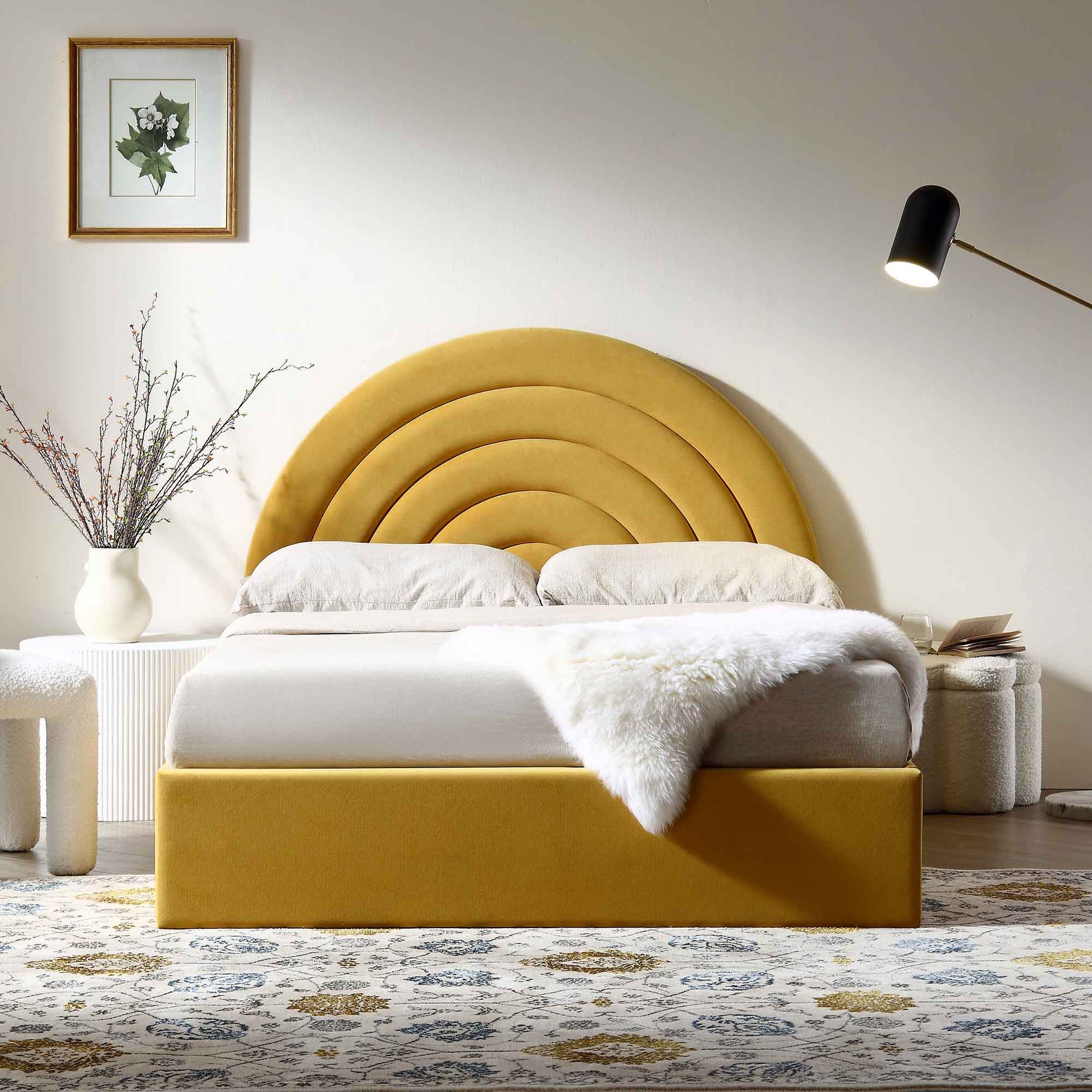 Archer Mustard Yellow Velvet Ottoman Bed with Storage