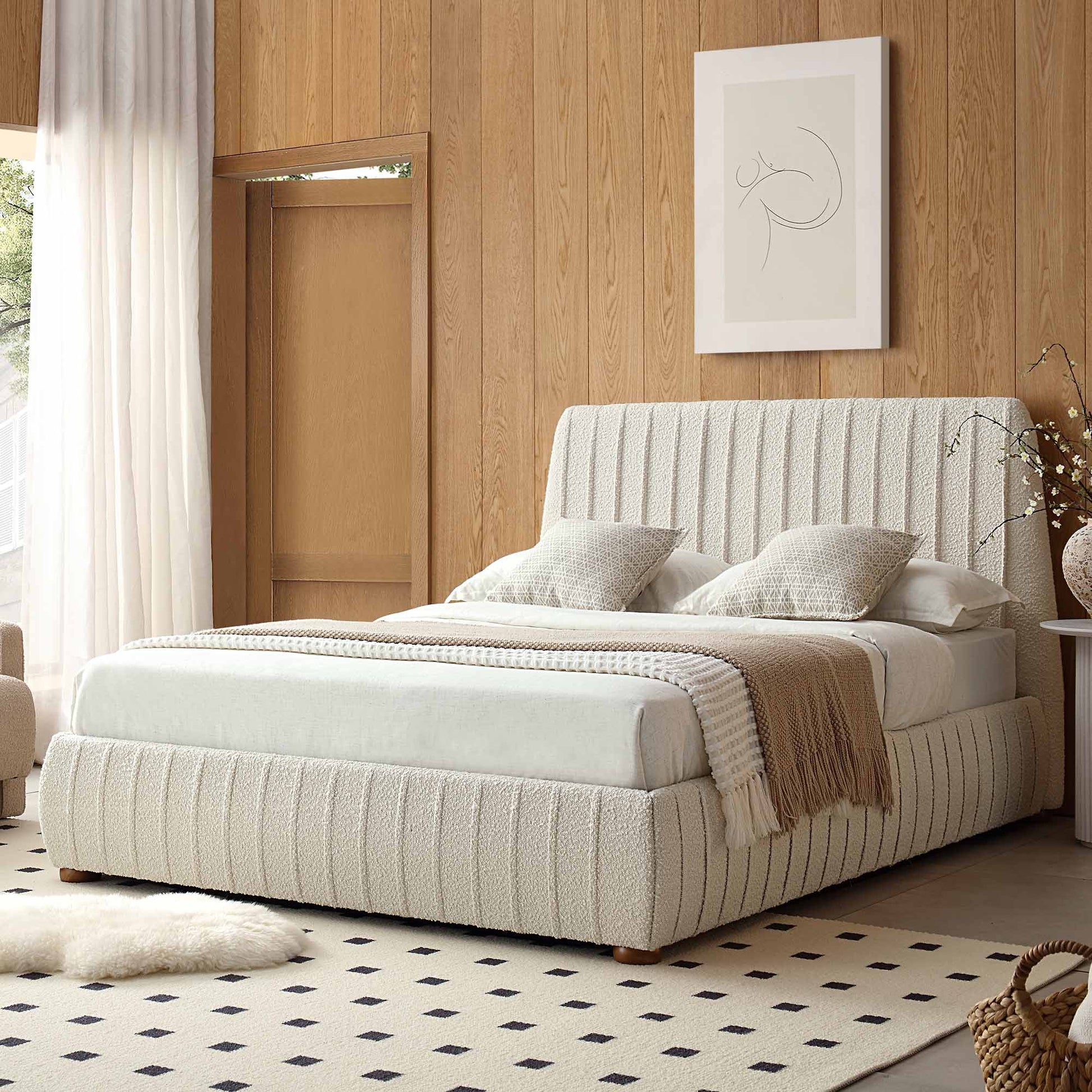 Helia Pleated Ottoman Bed with Storage, Beige Boucle