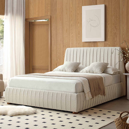 Helia Pleated Ottoman Bed with Storage, Beige Boucle