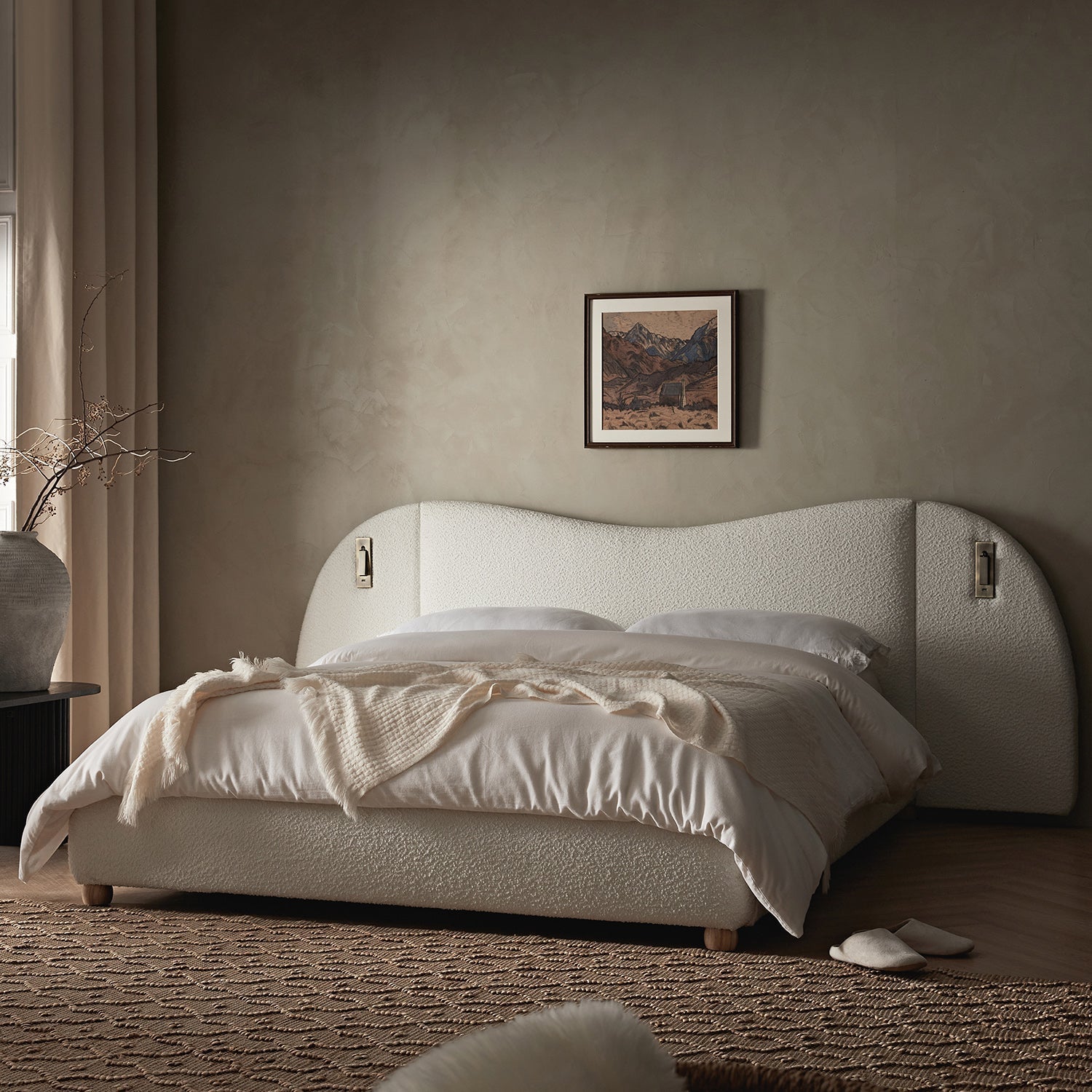 Egerie Extended Headboard Ottoman Bed with Storage, Beige Boucle