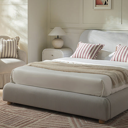 Egerie Curved Headboard Light Taupe Striped Fabric Ottoman Bed with Storage